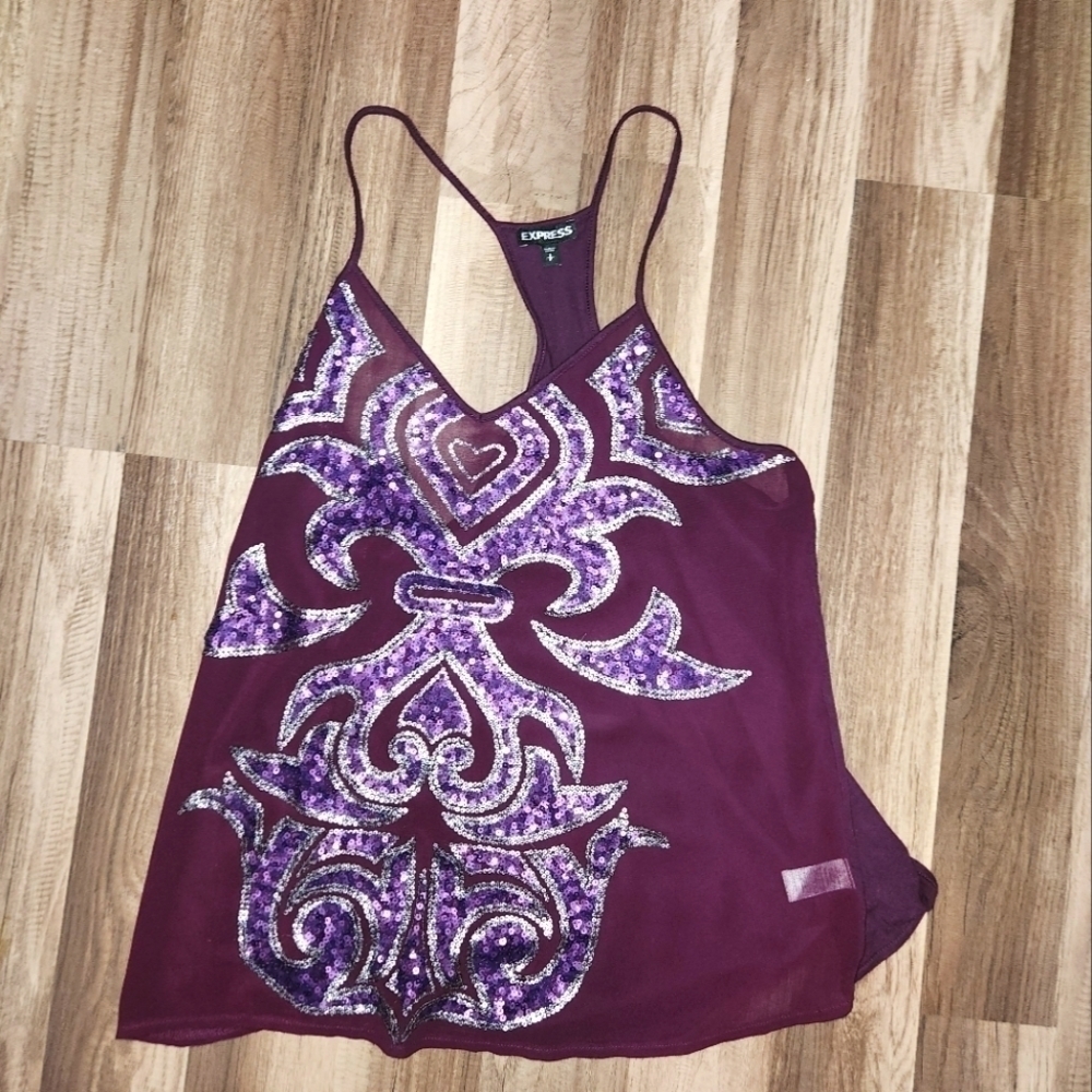 Y2K Express  Sparkle Sequin Tank Top Sheer  Size Small Purple & Silver Sexy